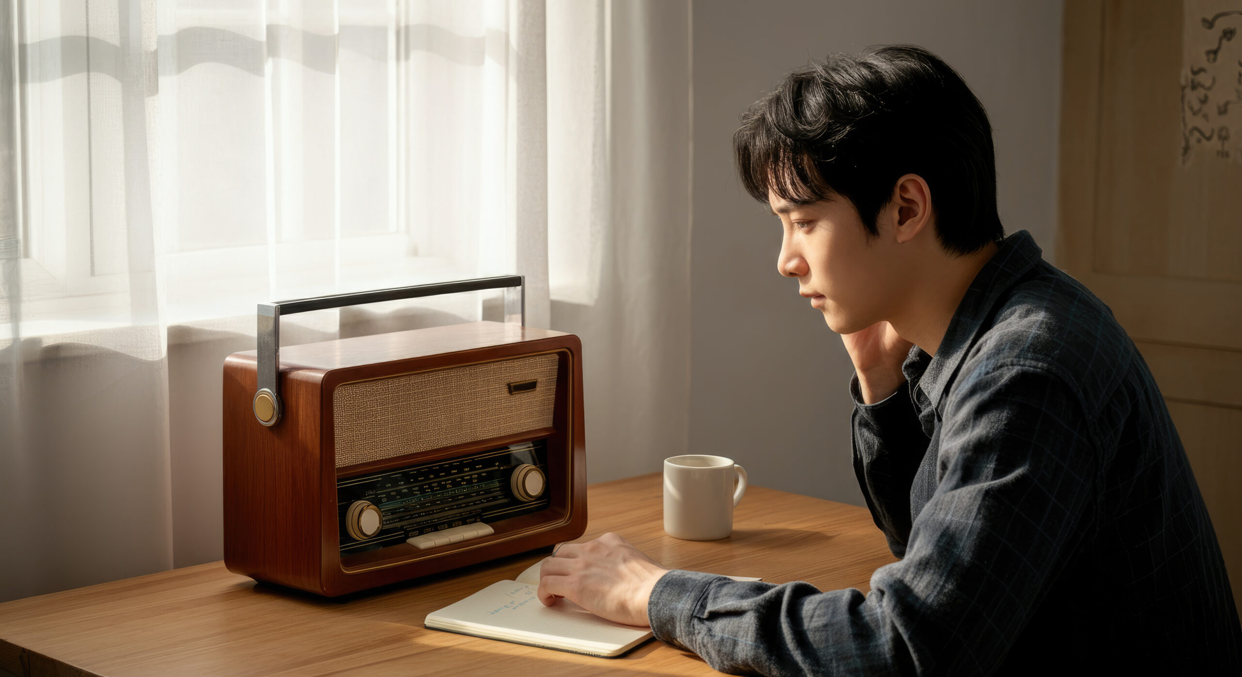 Young Asian man listens to vintage radio, notes thoughts