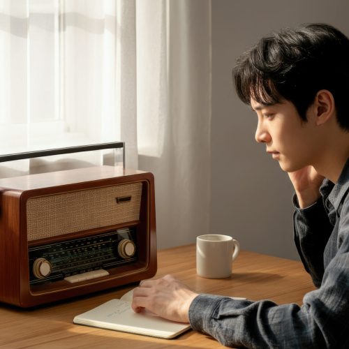 Young Asian man listens to vintage radio, notes thoughts