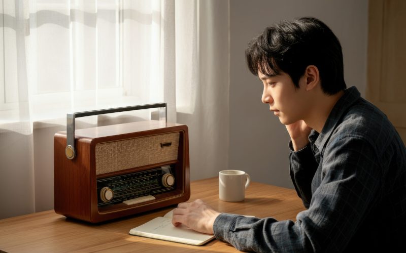Young Asian man listens to vintage radio, notes thoughts