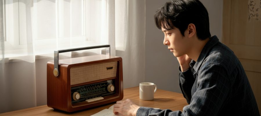 Young Asian man listens to vintage radio, notes thoughts